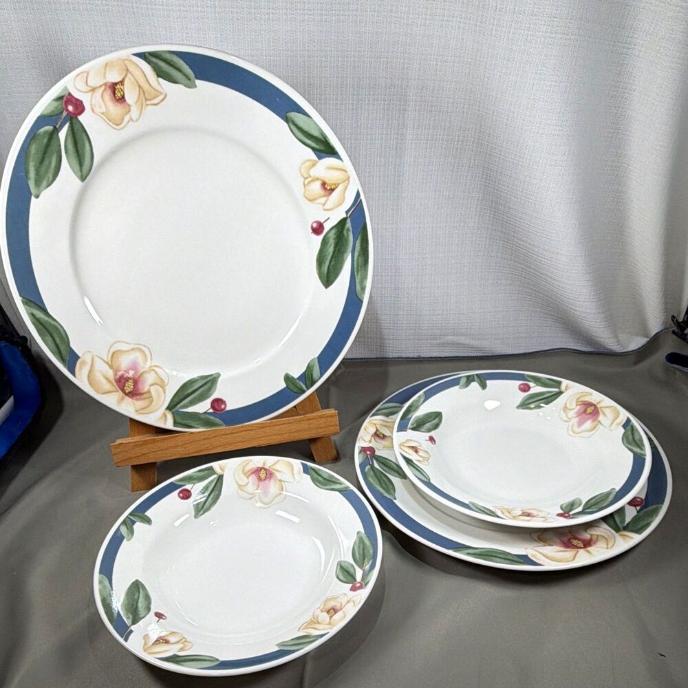 Savannah Grove Petit Flora Citation Stoneware 4pc Set 2 Dinner Plates 2 Bowls